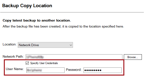 Network Drive selected as the location and user credentials entered. 