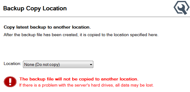 The Backup Copy Location window with None selected as the Location.