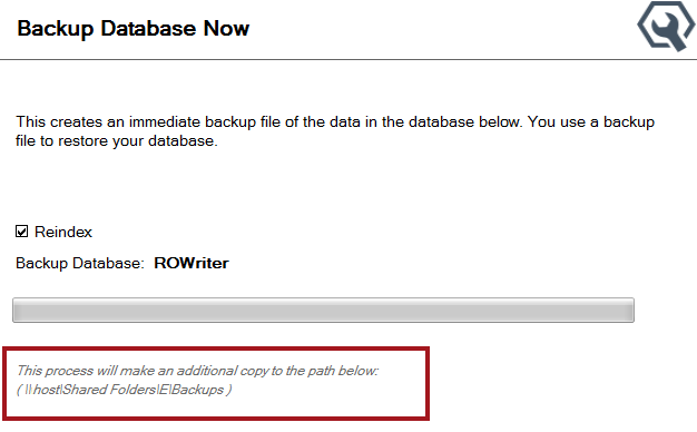 The backup copy location circled on the Backup Database Now window.