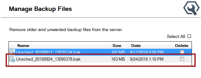 unscheduled backup files on the Manage Backups window.