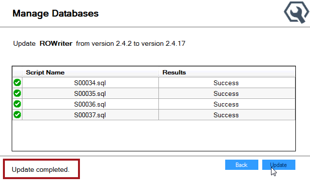The Manage Databases window after the upgrade is complete.