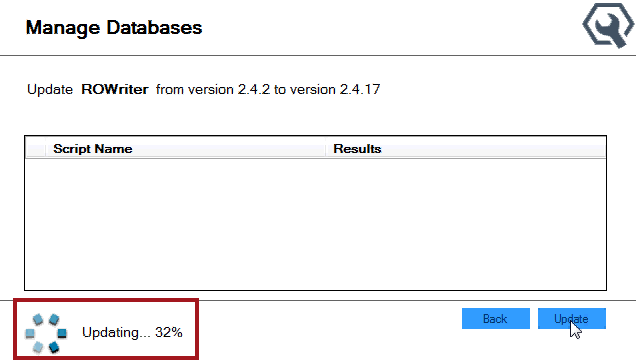 The Manage Databases window with the upgrade running.