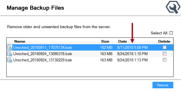 The Manage Backups window displaying a list of unscheduled backups.