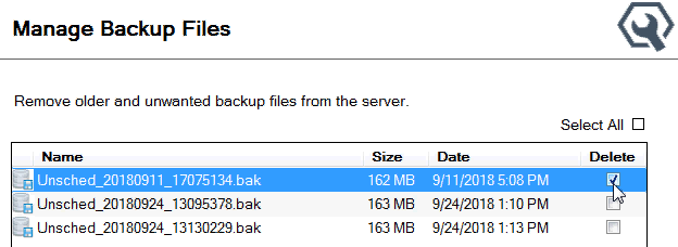 of deleting unscheduled backup files on the Manage Backups window.