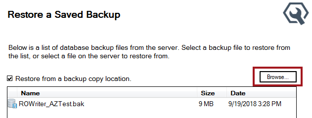 The restore window with the backup copy location selected.