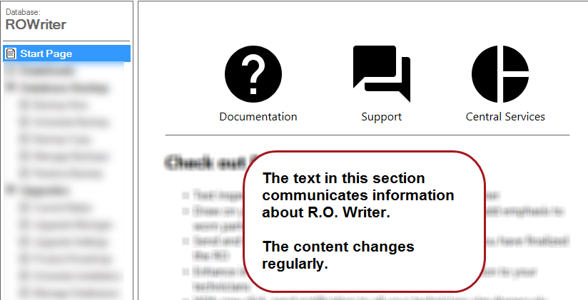 The Start page with a callout explaining that the content changes regularly.