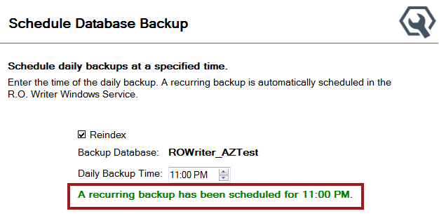 The schedule database backup window with the scheduled time displaying.