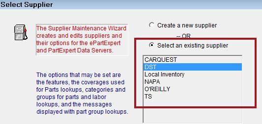 Epicor's Select Supplier window with the Select an existing supplier option selected and circled.