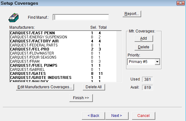 Epicor's Setup Coverages window showing both enabled and disabled lines.