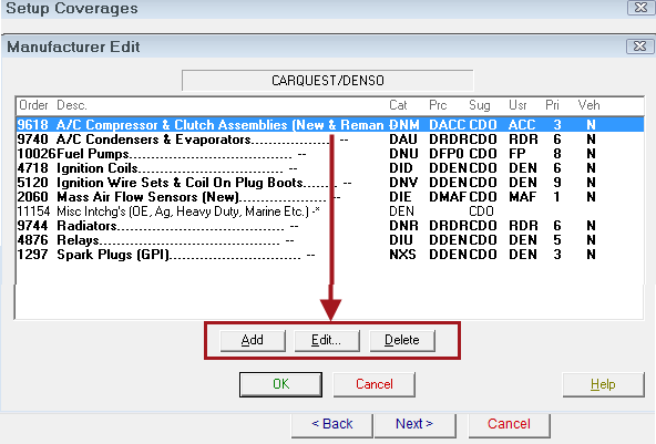 Epicor's Manufacturer Edit window with the Add, Edit, and Details buttons circled. 