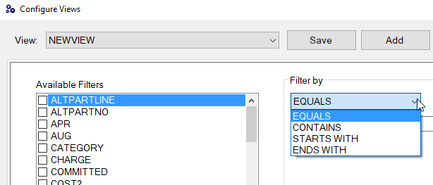 The Filters tab with the Filter By dropdown list expanded.