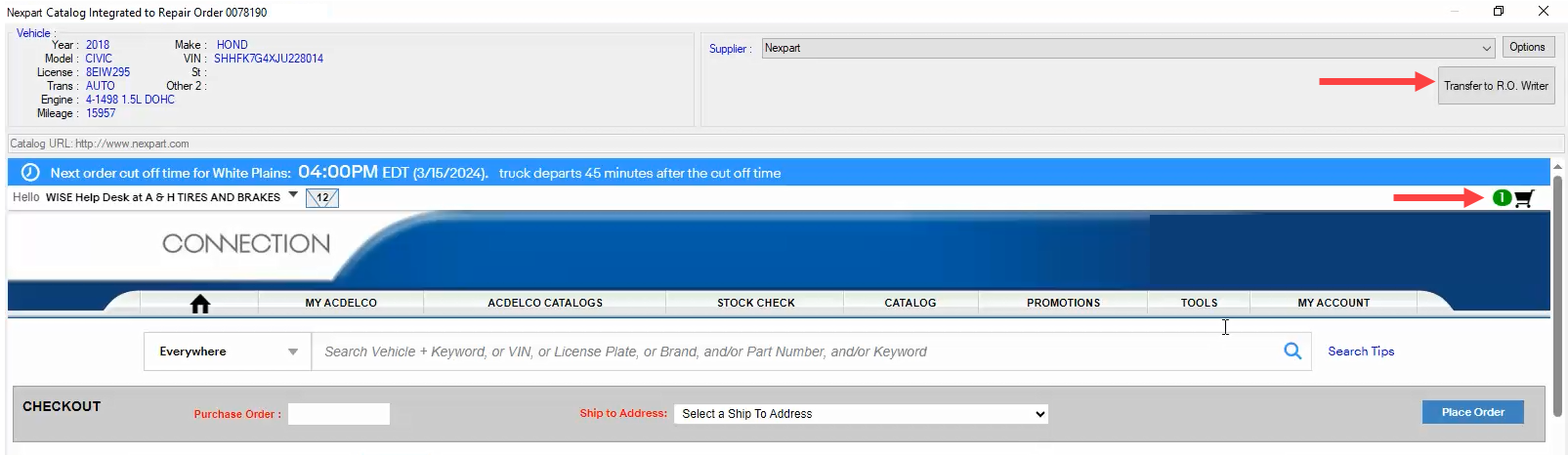 The Transfer button circled on the Nexpart catalog window.