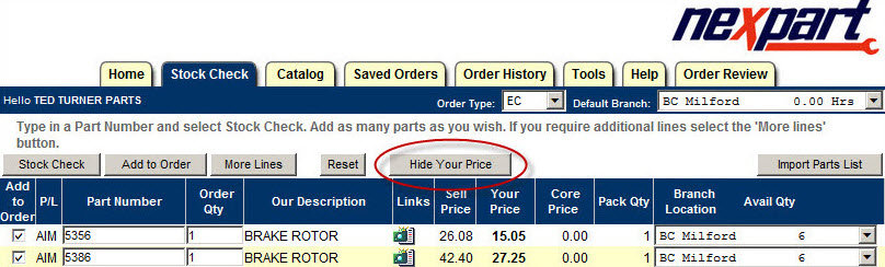 The Hide Your Parts button circled on the Stock Check tab.