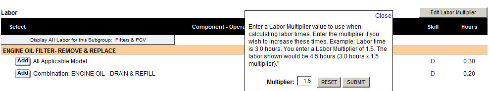 The popup window that lets you enter a labor multiplier.