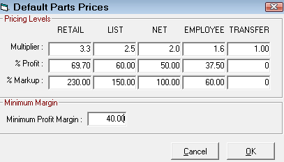 The Default Parts Prices window for cost plus multiplier.