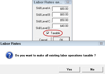 The labor rates window with taxable checked and the prompt.