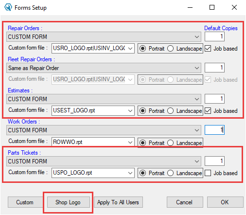 The Forms Setup window with the logo forms selected and Shop Logo circled.