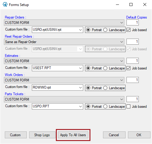 The Forms Setup window with Apply to All Users circled.