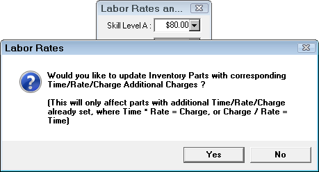 The labor rates window with the prompt confirming the inventory update and calculation.