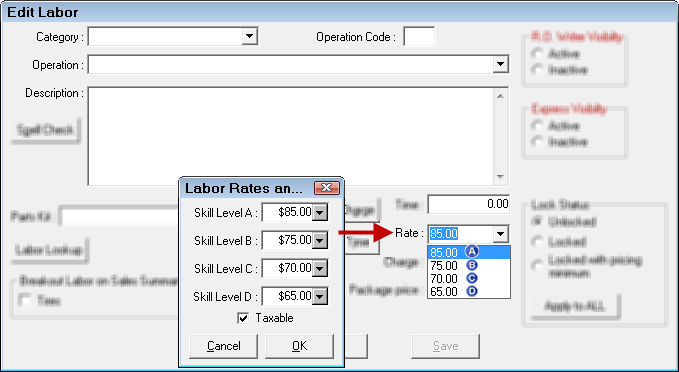 The Labor Rates Configuration window pointing to the Rate dropdown list on the Edit Labor window.