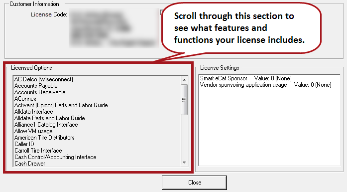 The License Details explaining that the functions you are licensed for appear in the Licensed Options section.
