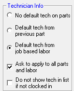 The Technician Info section of the repair order options window. 