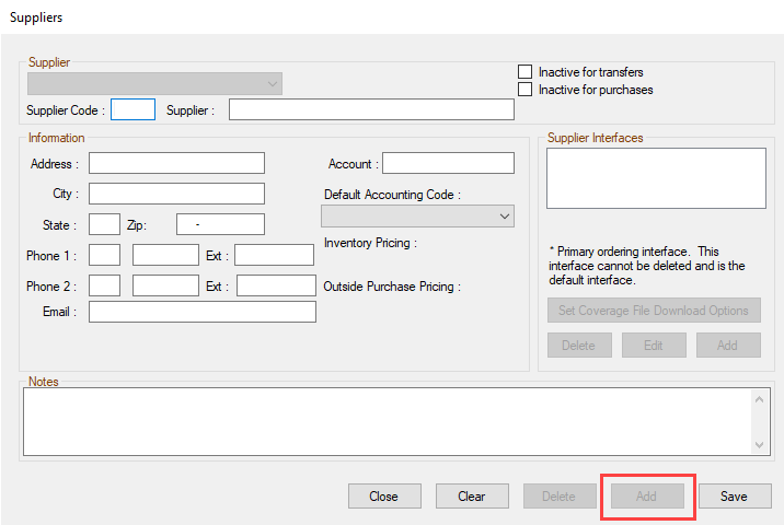 The Suppliers Configuration window when adding.