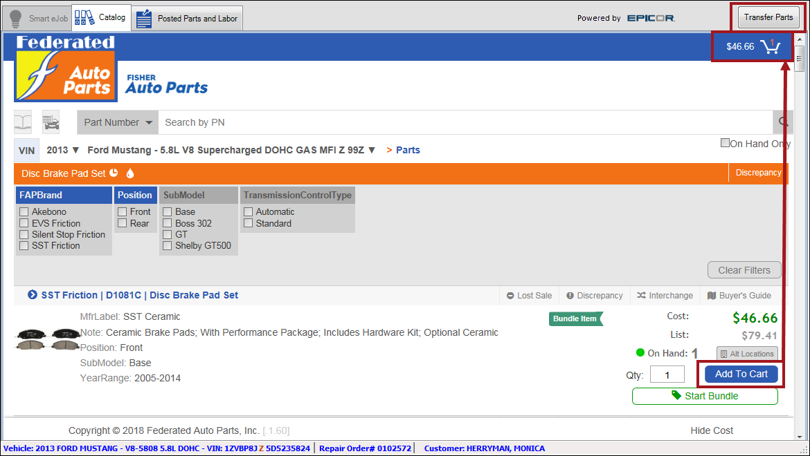 A picture appears of the part added to the Federated shopping cart.