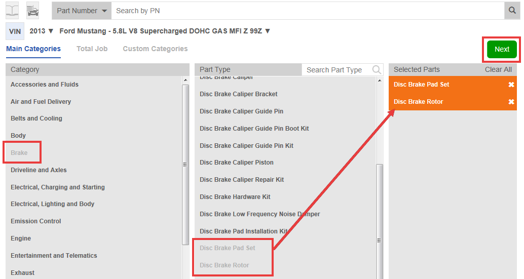 selected parts from a category search.
