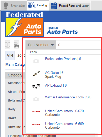 the matching search results that appear from the beginning of a part number typed in.