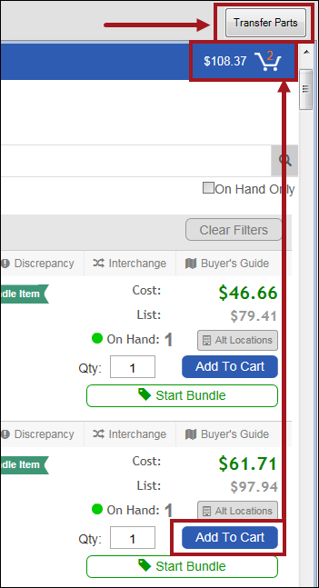 The Transfer Parts button appearing after Add to Cart is clicked.