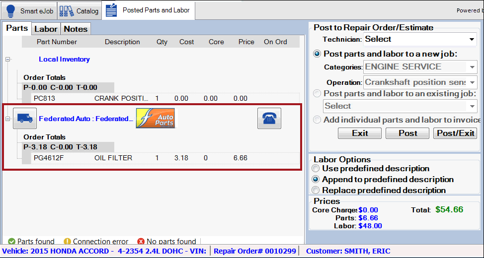 A picture of Federated parts on the Parts tab.