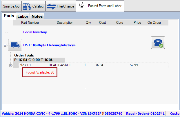 Parts from a supplier on the Parts tab with the availability results circled. 