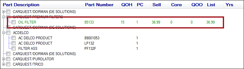 A local inventory results circled showing the QOH and QOO values.