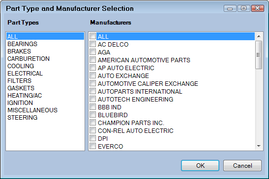 The part type and manufacturer lines window where you select the manufacturer lines for the search.