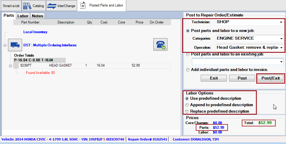The Posted parts and labor tab with the prices circled.