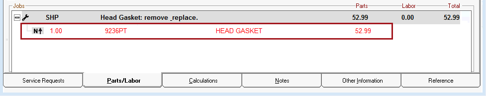 The posted part in the Jobs section of the Posted Parts/Labor tab.