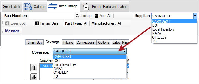The Supplier dropdown list showing the same coverages as those on the Coverages tab in Smart eCat configuration.