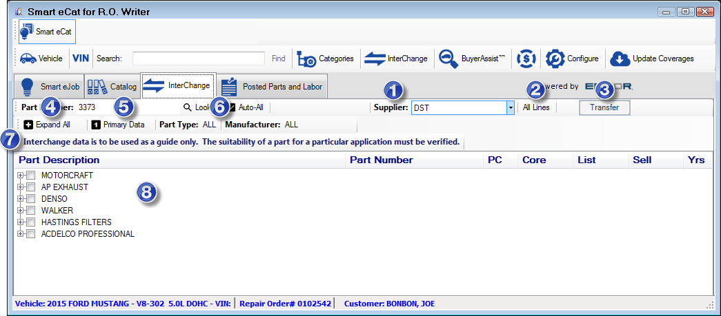 The Interchange search results window with numbers over specific areas.