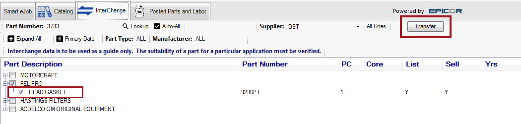 A part selected in the search results and the Transfer button circled.
