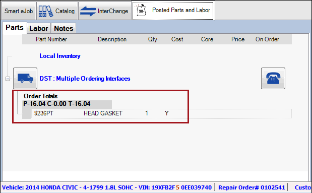 The part transferred from Interchange on the Parts tab.
