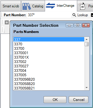 The Part Number Selections window that appears when search with an asterisk in the part number.