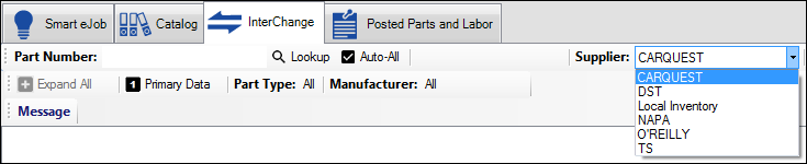 The Supplier dropdown list expanded on the Interchange window.