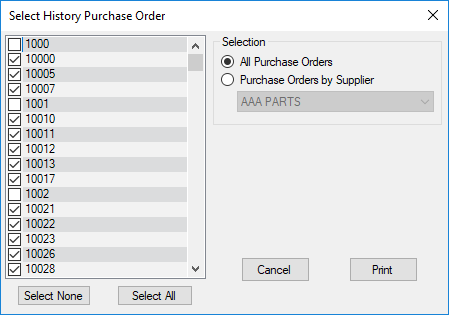 All purchase orders with some purchase orders selected.