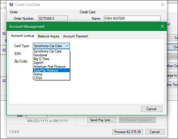 The Card Type dropdown list expanded showing EasyPay Finance.