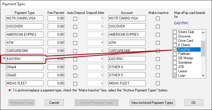 The Payment Types window with EasyPay checked.