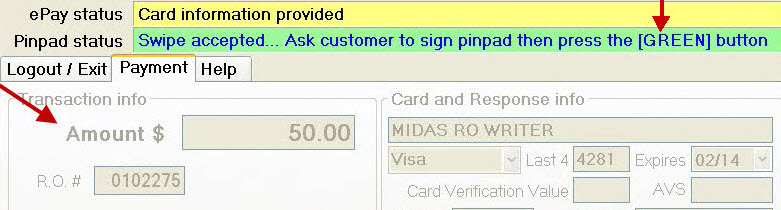 The epay Status bar notifying you that the card information was received.
