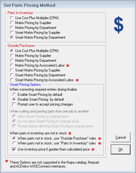 The Set Parts Pricing Method window.