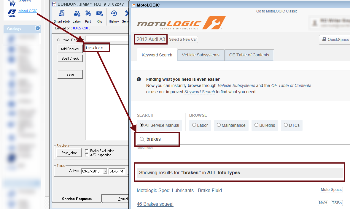 Keyword search results from the service request tab in motologic.