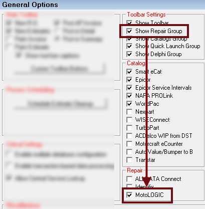 Motologic selected on the General Options window.
